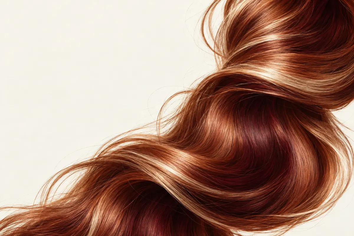 Editorial illustration of a sweeping wave of copper and auburn hair with platinum highlights